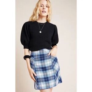 Anthropologie Maeve Plaid Tweed Skirt Black Blue White Zip Back Size 4